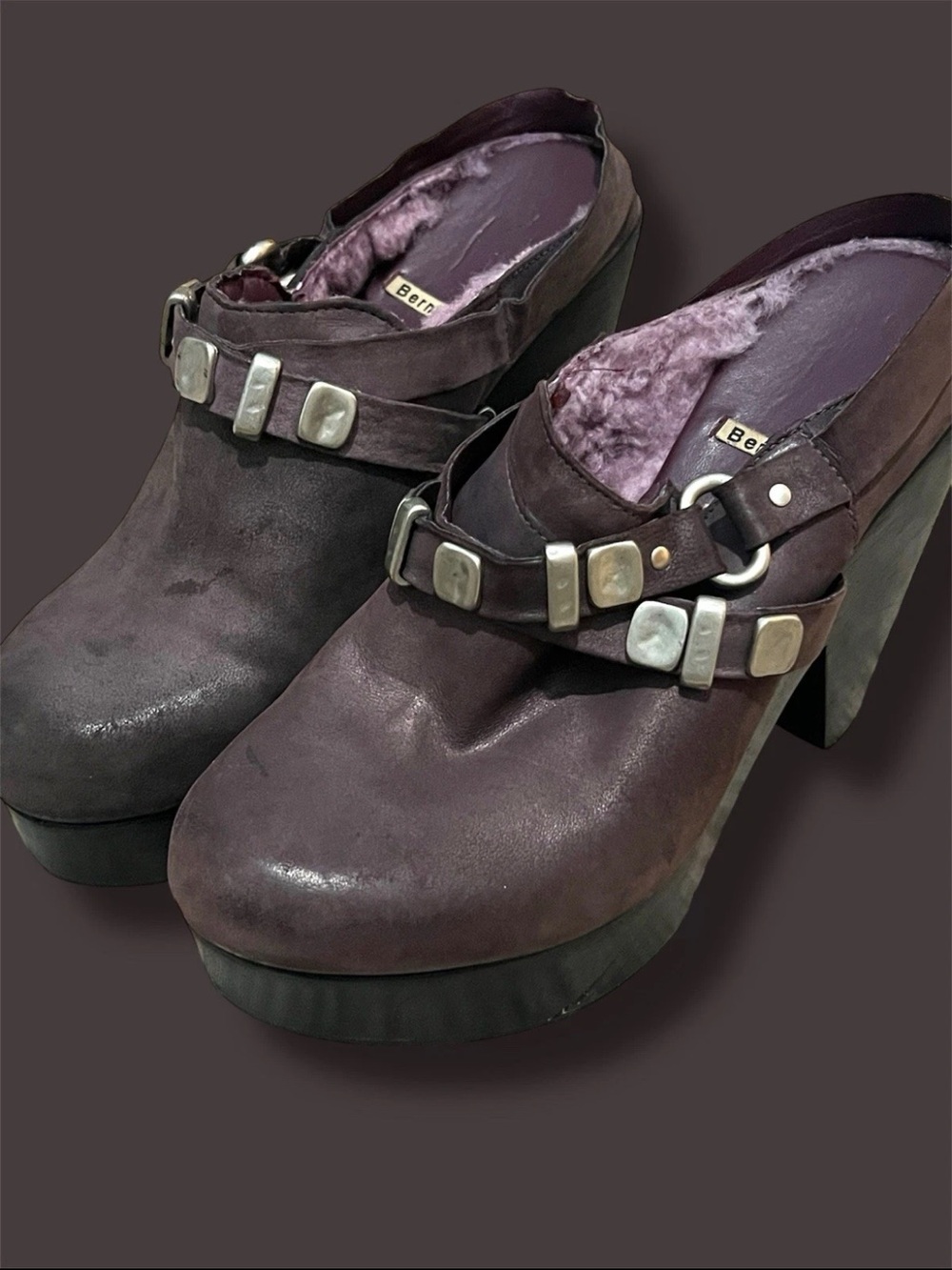 90s/y2k Bernardo Purple Shearling Leather Hammered Buckle Chunky Mules Sz 7